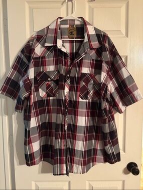 Mens 4XL Short-Sleeve, Plaid, Pearl Snap Button-Up Shirt - Burgundy/Black/White